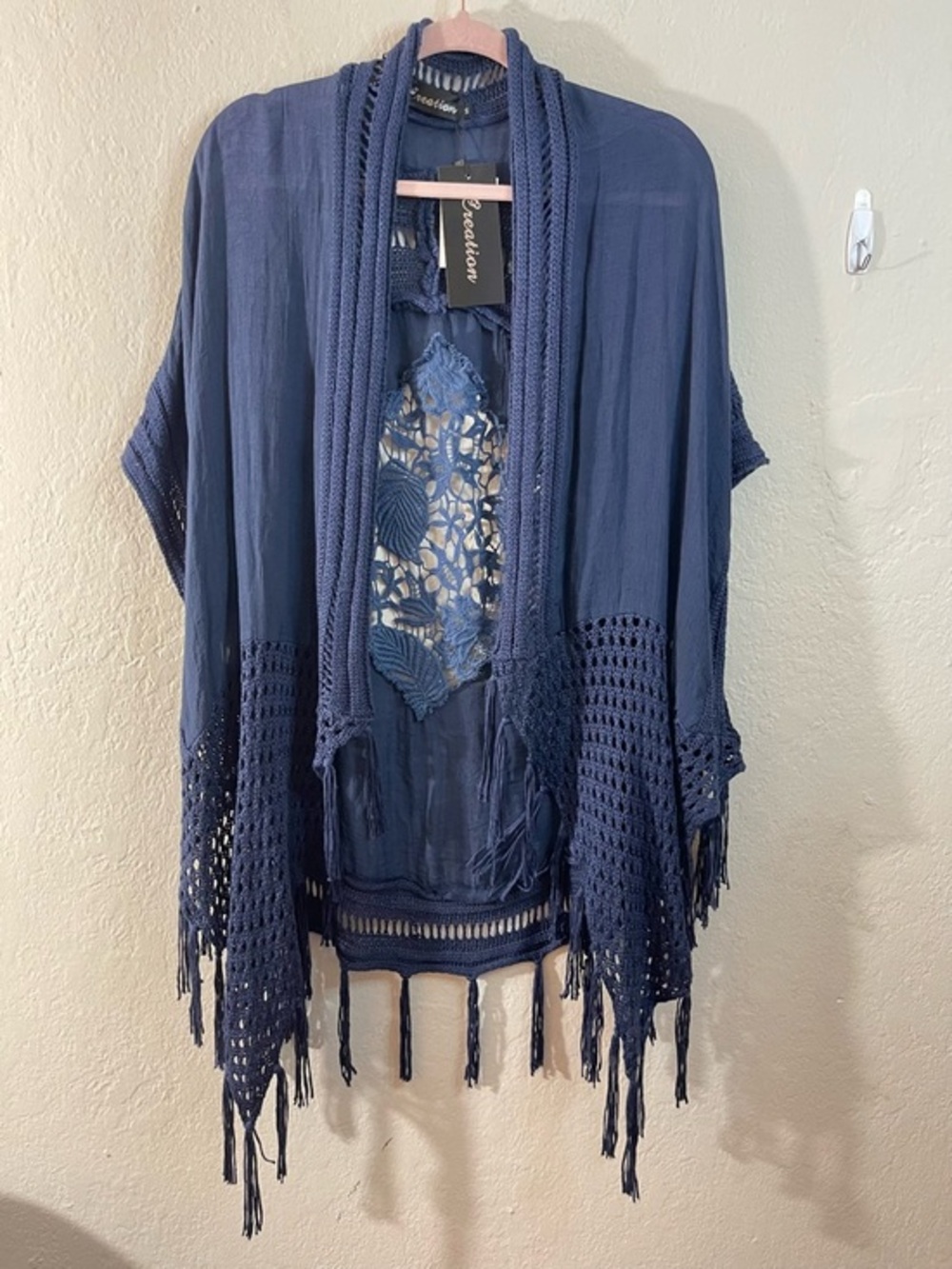 NWT Creation Navy Crochet Fringe Kimono Cardigan Women Size Small Bohemian